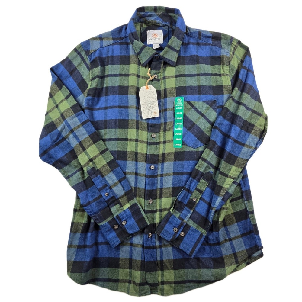 Cloudveil Flannel Shirt Mens Large Navy Green Cotton Stretch Plaid CVF22WT11